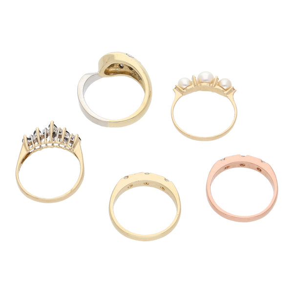 Aretes diseño especial, tres anillos lisos en oro amarillo, tres anillos estilizados en oro blanco, anillo liso en oro dos tonos, anillo estilizado en oro rosa 14 kilates, anillo calado en plata 925.