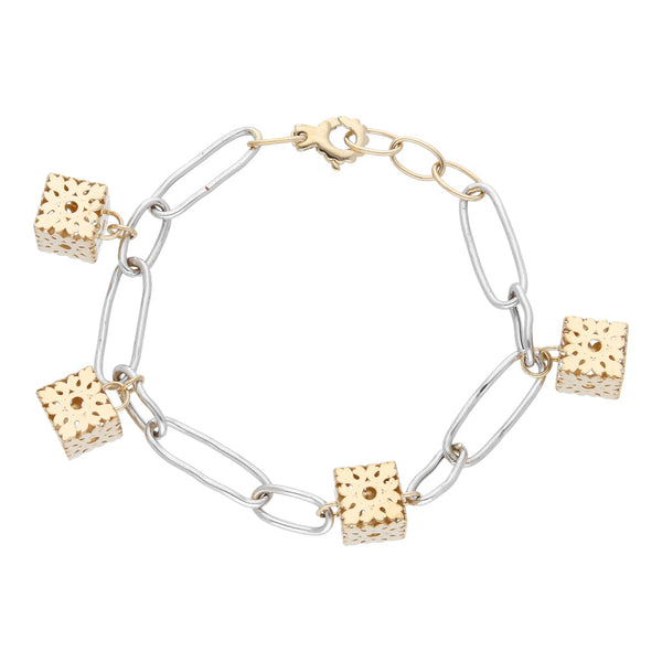 Pulsera eslabón combinado con dijes motivo cubo en oro dos tonos 14 kilates.