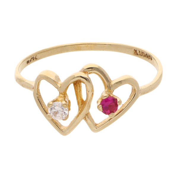 Anillo calado motivo corazones con sintéticos en oro amarillo 14 kilates.