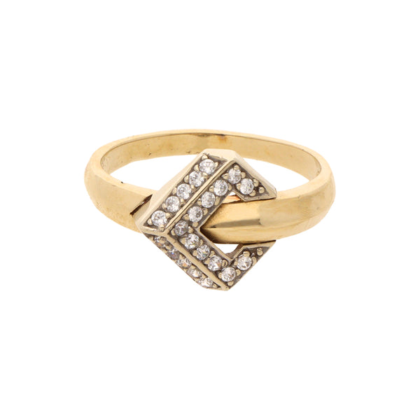 Anillo estilizado platinado con sintéticos en oro amarillo 14 kilates.