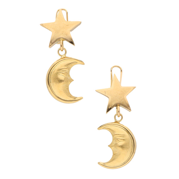 Aretes diseño especial con colgantes motivo luna y estrella en oro amarillo 18 kilates.