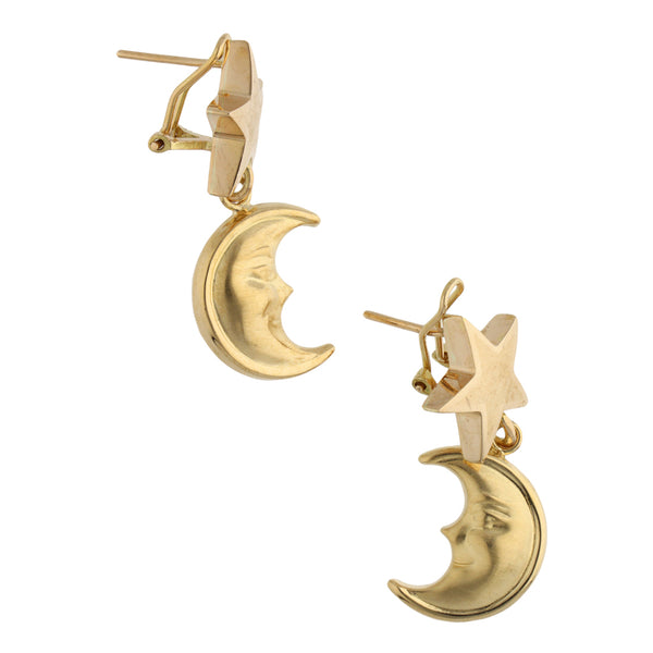 Aretes diseño especial con colgantes motivo luna y estrella en oro amarillo 18 kilates.