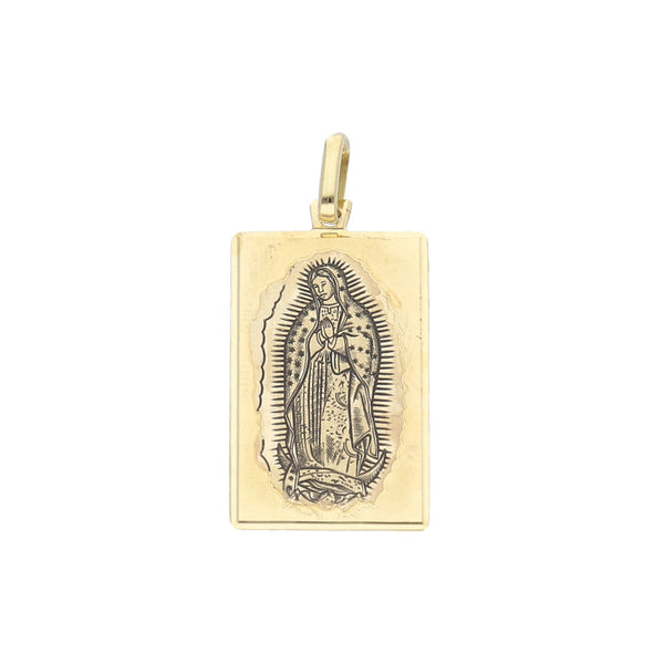 Medalla diseño especial motivo guadalupano con esmalte en oro amarillo 14 kilates.