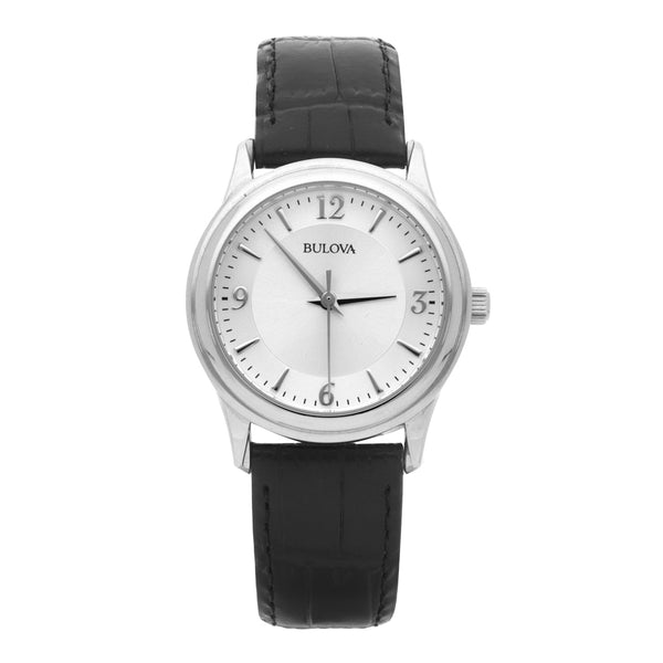 Reloj Bulova para dama en acero inoxidable correa piel.