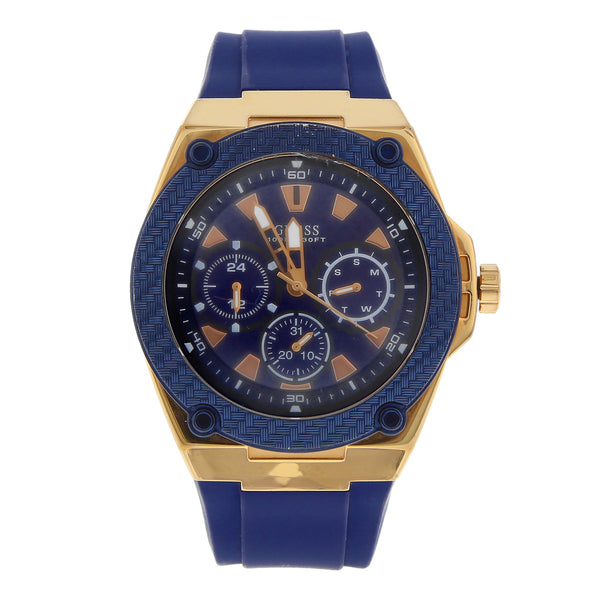 Reloj Guess para caballero en acero chapa correa caucho.