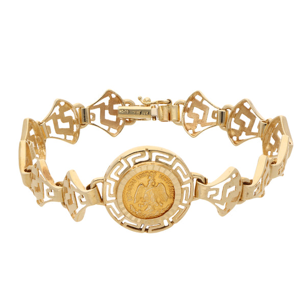 Pulsera eslabón articulado motivo grecas en oro amarillo 14 kilates.