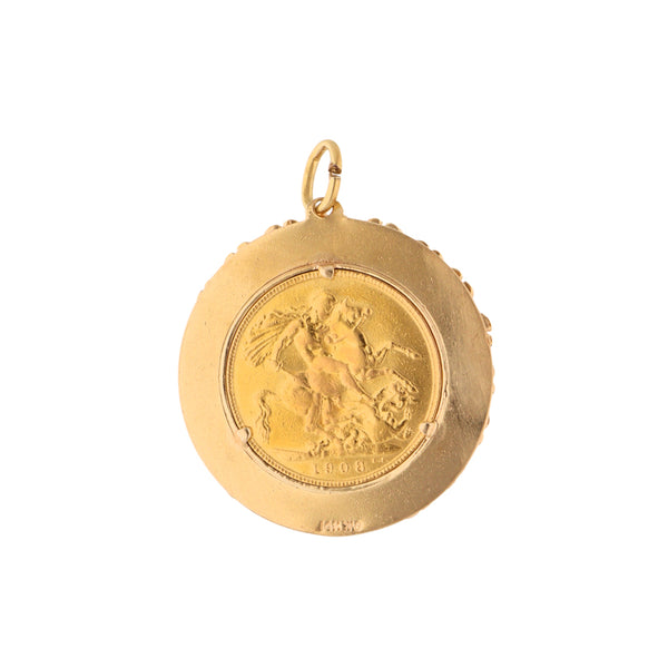 Dije diseño especial motivo floral con una moneda Edwardvs VII en oro 22 kilates y oro amarillo 14 kilates.