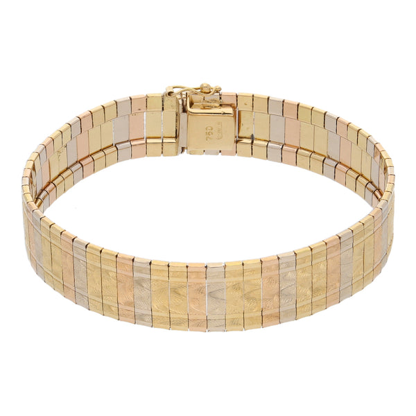 Pulsera eslabón planchado en oro tres tonos 18 kilates.