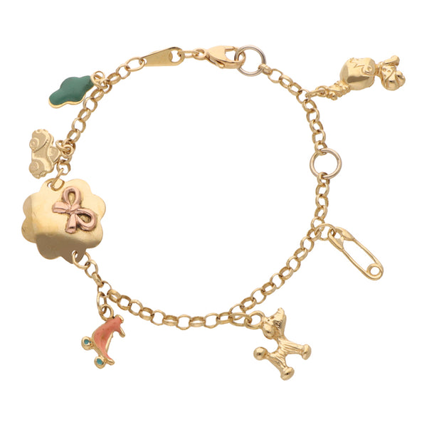 Pulsera para niña eslabón cruzado con dijes y esmalte en oro amarillo 18 kilates.