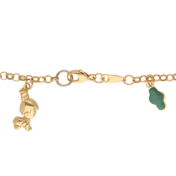 Pulsera para niña eslabón cruzado con dijes y esmalte en oro amarillo 18 kilates.