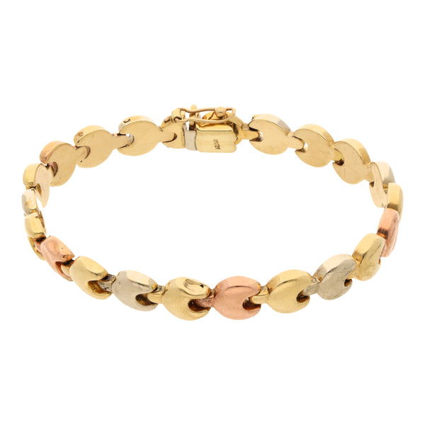 Pulsera eslabón articulado motivo corazones en oro tres tonos 14 kilates.