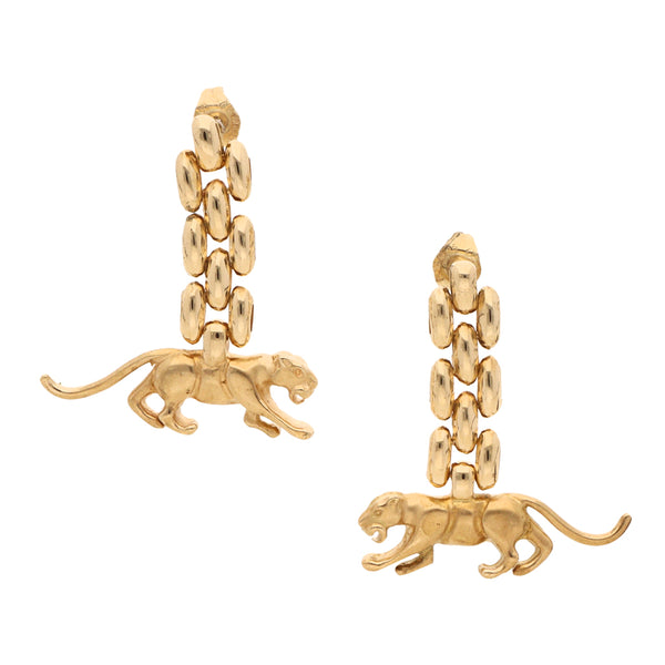 Broqueles articulados con colgante motivo felino en oro amarillo 14 kilates.