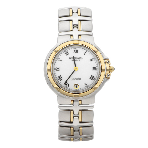 Reloj Raymond Weil para caballero modelo Parsifal vistas en oro amarillo 18 kilates.