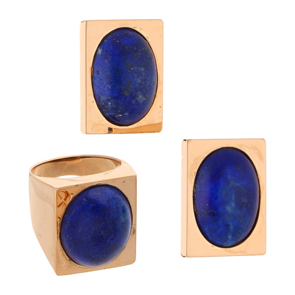 Juego de anillo y aretes diseño especial con lapislazuli en oro dos tonos 18 kilates.