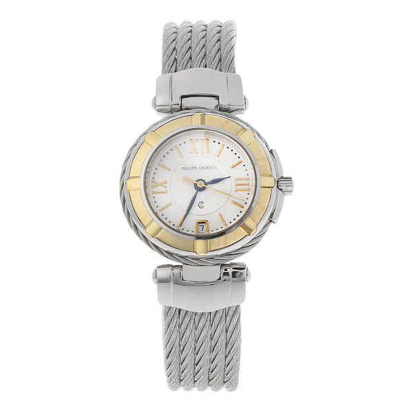 Reloj Philippe Charriol para dama en acero inoxidable bisel en oro amarillo 18 kilates.