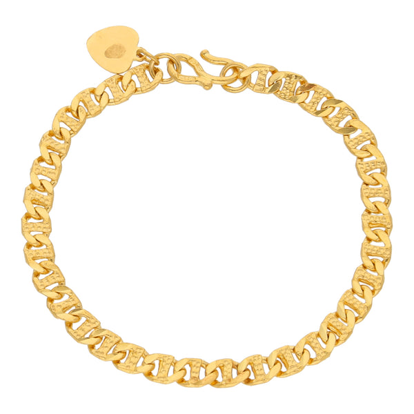 Pulsera eslabón nudo marino con dije motivo corazón en oro amarillo 24 kilates.