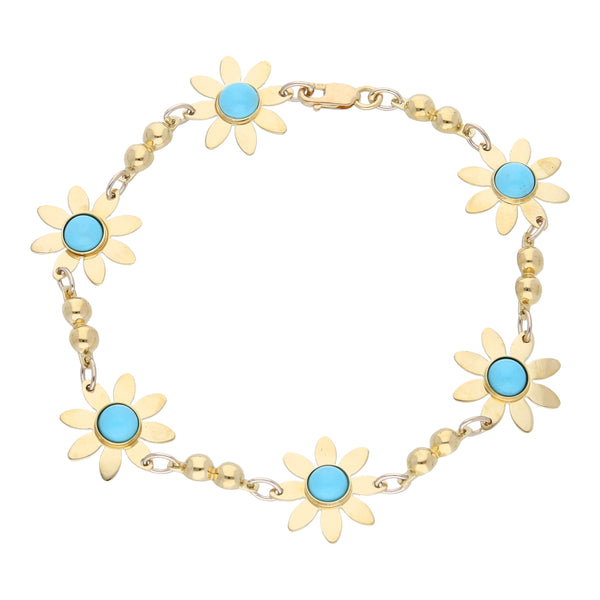 Pulsera eslabón combinado motivo floral con turquesas en oro amarillo 18 kilates.