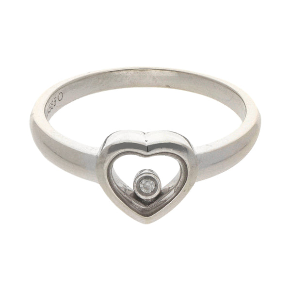 Anillo diseño especial motivo corazón con diamante en oro blanco 14 kilates.