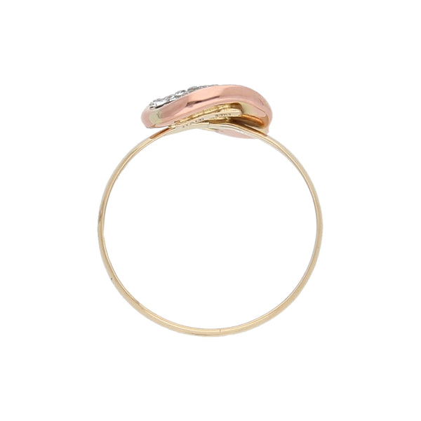 Anillo diseño italiano con circonias en oro dos tonos 14 kilates.