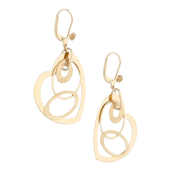 Aretes diseño italino con colgantes motivo corazón en oro amarillo 14 kilates.