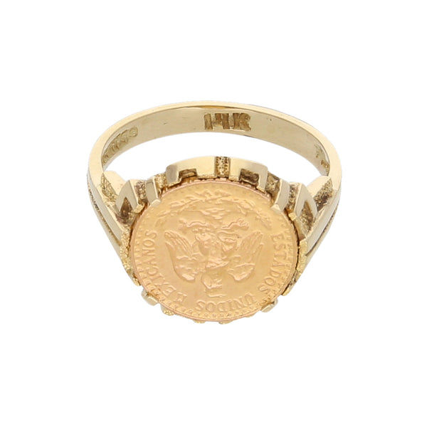 Anillo tipo sello con una moneda de dos pesos oro mexicano 21.6 kilates y oro amarillo 14 kilates.