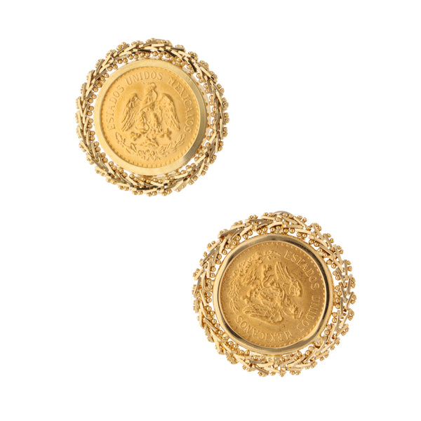 Aretes boleados con dos monedas de dos y medio pesos oro mexicano 21.6 kilates y oro amarillo 14 kilates.