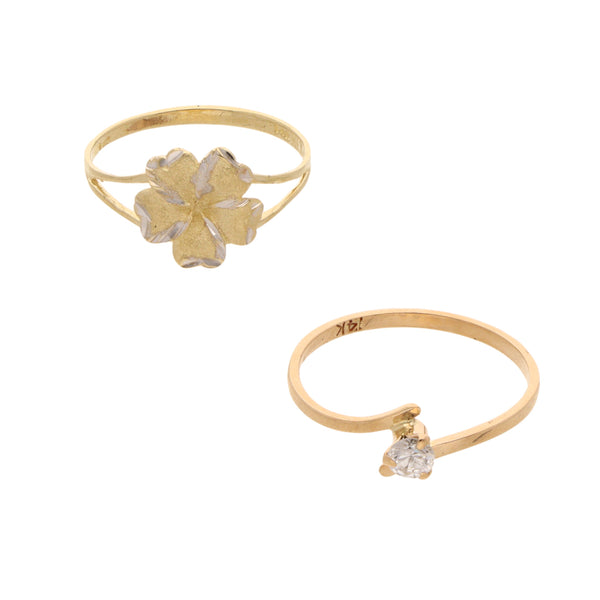 Anillo diseño especial con circonia en oro amarillo, anillo calado motivo flor en oro dos tonos 14 kilates.