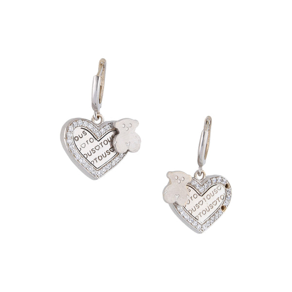 Aretes diseño especial con circonias y colgantes motivo corazón en oro blanco 14 kilates.