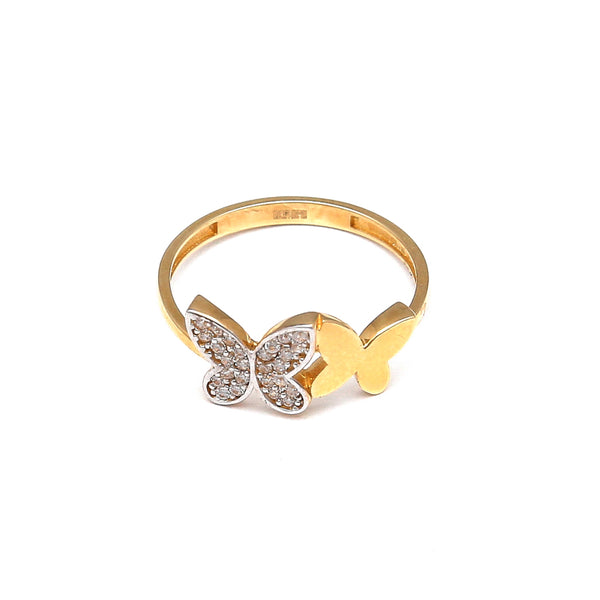 Anillo diseño especial motivo mariposas con circonias en oro dos tonos 14 kilates.