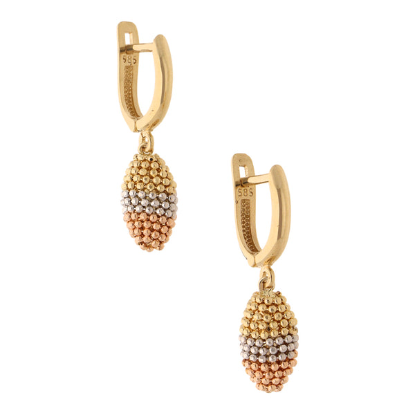 Aretes boleado en en oro tres tonos 14 kilates.