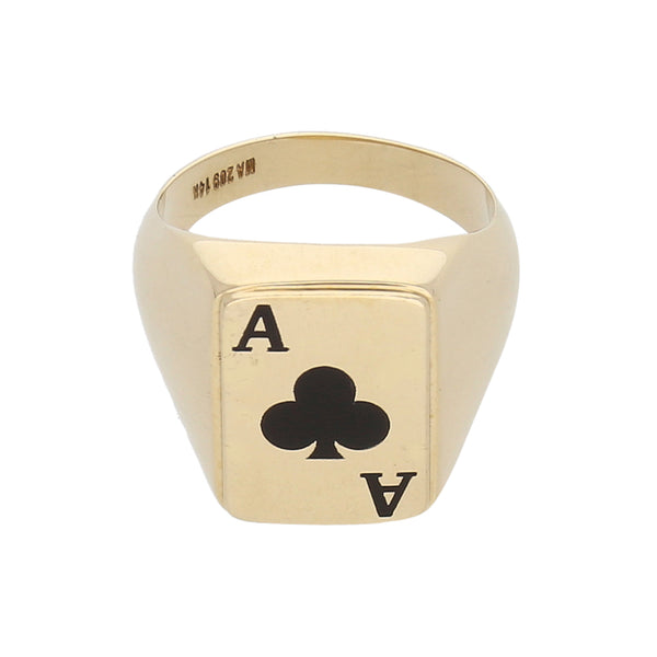 Anillo tipo sello motivo naipe con esmalte en oro amarillo 14 kilates.