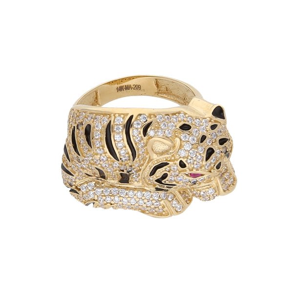 Anillo estilizado motivo tigre con sintéticos y esmalte en oro amarillo 14 kilates.