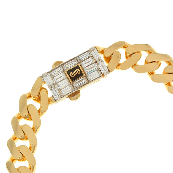 Pulsera eslabón barbado con sintéticos en oro amarillo 14 kilates.