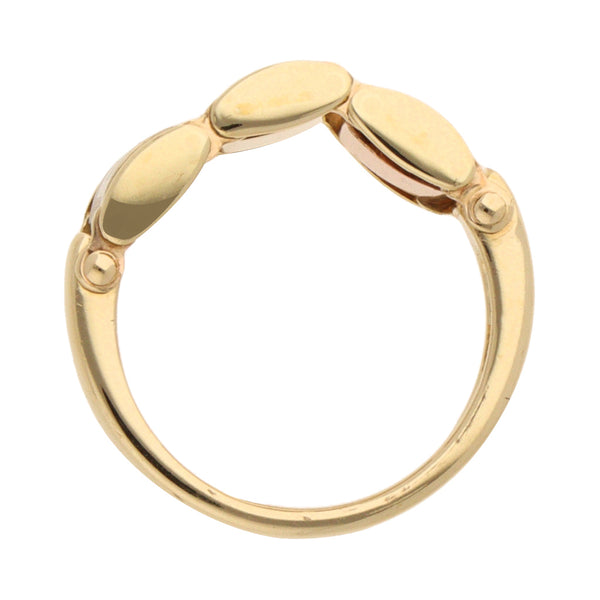 Anillo diseño italiano con motivo grecas en oro tres tonos 14 kilates.