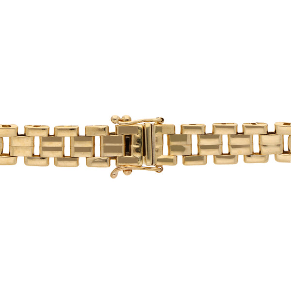 Pulsera diseño italiano con diamantes y sintéticos en oro dos tonos 14 kilates.