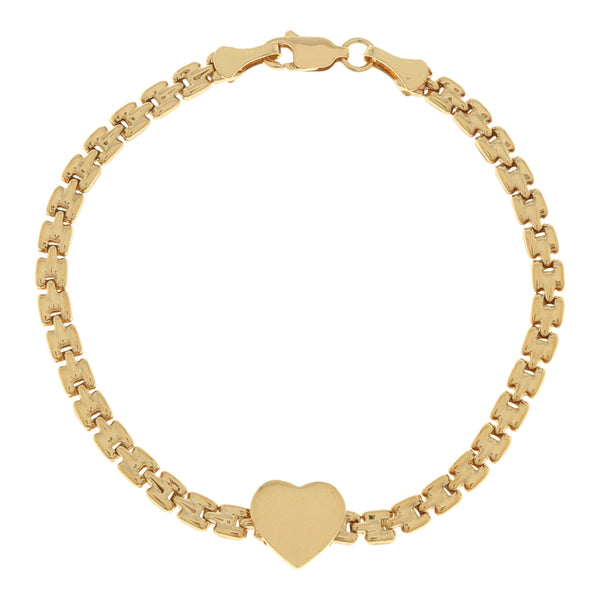 Pulsera eslabón articulado con aplicación motivo corazón en oro amarillo 14 kilates.