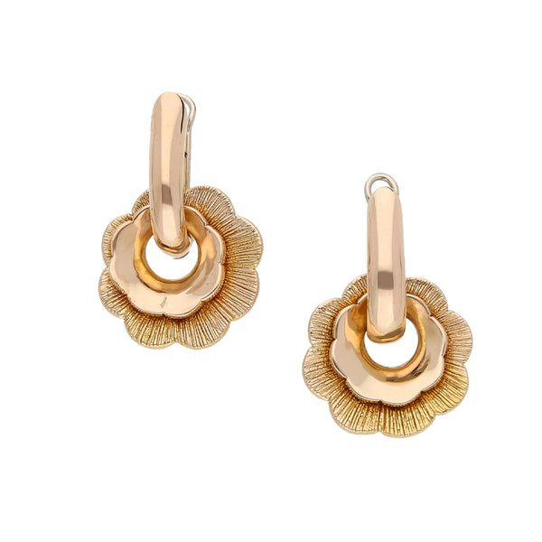 Aretes diseño italiano motivo flor en oro dos tonos 14 kilates.