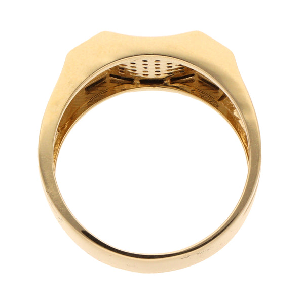 Anillo tipo sello con sintéticos y ónix en oro amarillo 14 kilates.