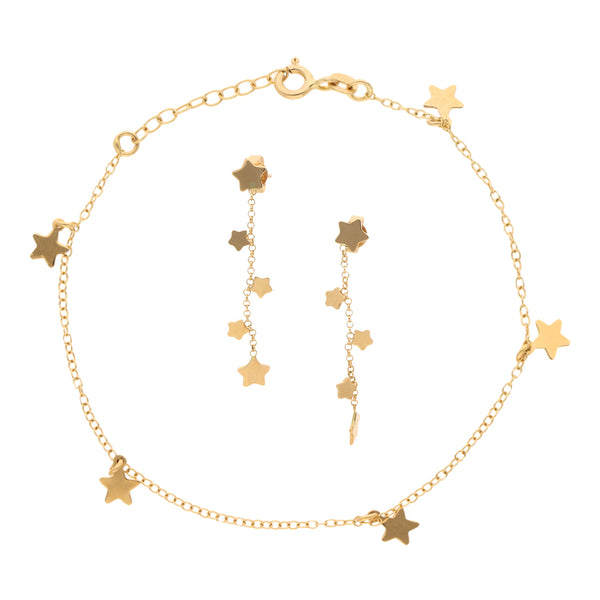 Juego de pulsera eslabón cruzado con dijes y broqueles con colgantes motivo estrellas en oro amarillo 14 kilates.