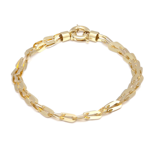 Pulsera eslabón cruzado laminado en oro amarillo 14 kilates.