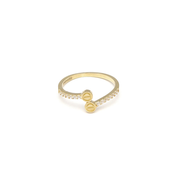 Anillo estilizado motivo tornillos simulados con sintéticos en oro amarillo 14 kilates.