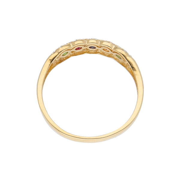 Anillo diseño especial con sintéticos en oro amarillo 14 kilates.