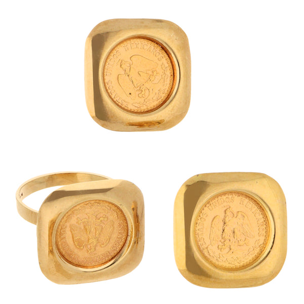 Juego de anillo y aretes diseño especial con tres monedas de dos pesos oro mexicano 21.6 kilates y oro amarillo 14 kilates.