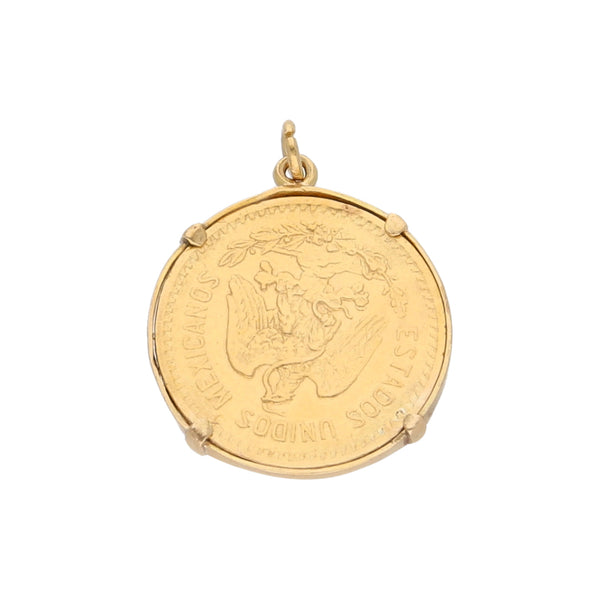 Dije diseño especial con moneda de cinco pesos oro mexicano 21.6 kilates y oro amarillo 14 kilates.