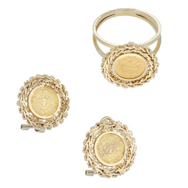 Anillo tipo sello, aretes boleados en oro amarillo 14 kilates.