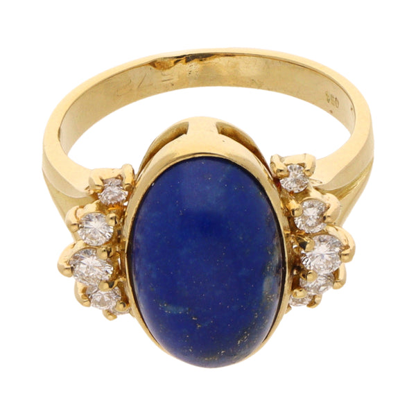 Anillo calado con diamantes y lapislazuli en oro amarillo 16 kilates.