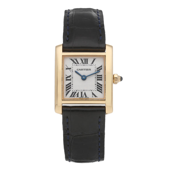 Reloj Cartier para dama modelo Tank Francaise en oro amarillo 18 kilates correa piel.