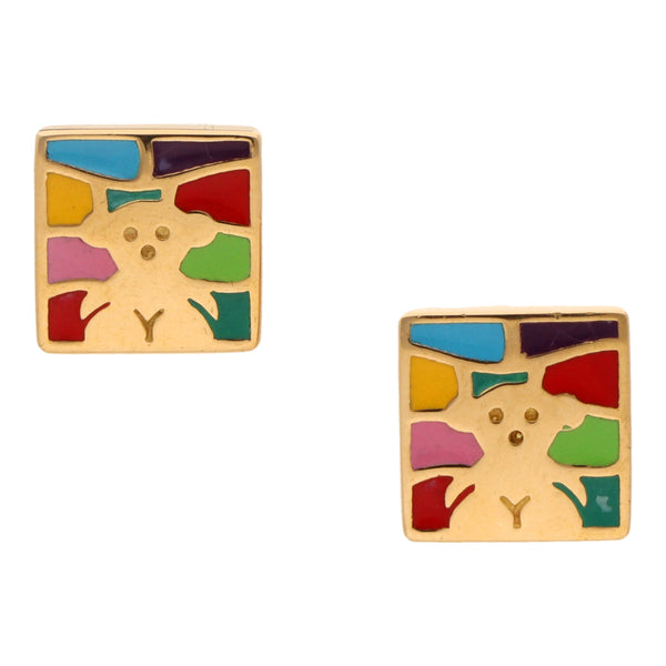 Broqueles diseño cuadrado motivo oso con esmalte firma Tous en oro amarillo 18 kilates.