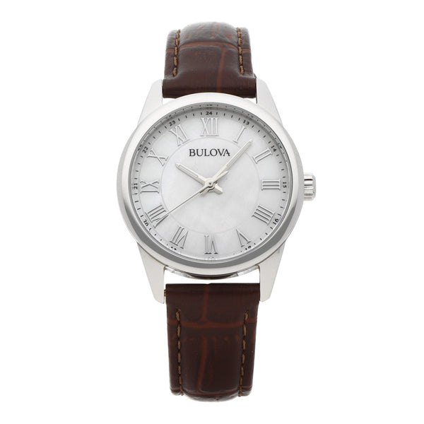 Reloj Bulova para dama en acero inoxidable correa piel.