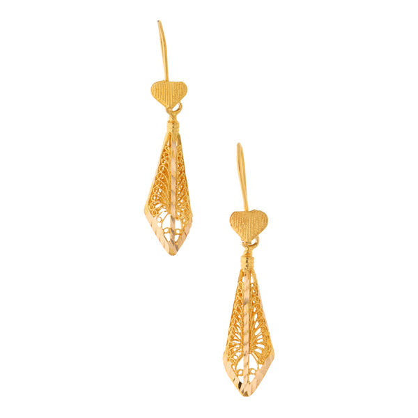 Aretes calados con colgantes de filigrana en oro amarillo 18 kilates.